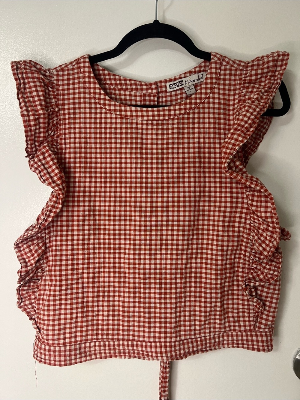 Gingham Ruffle Sleeve Blouse Button Back Top Prairie Peasant Renaissance Summer